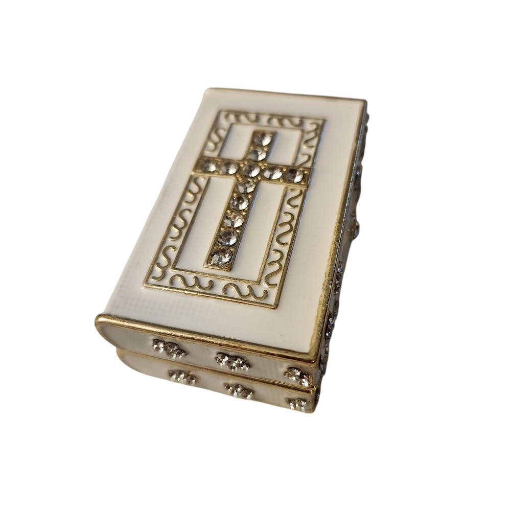 Bible Cross Bejeweled Trinket Jewelry Box Proposal Ring Box Rhinestone Enamel